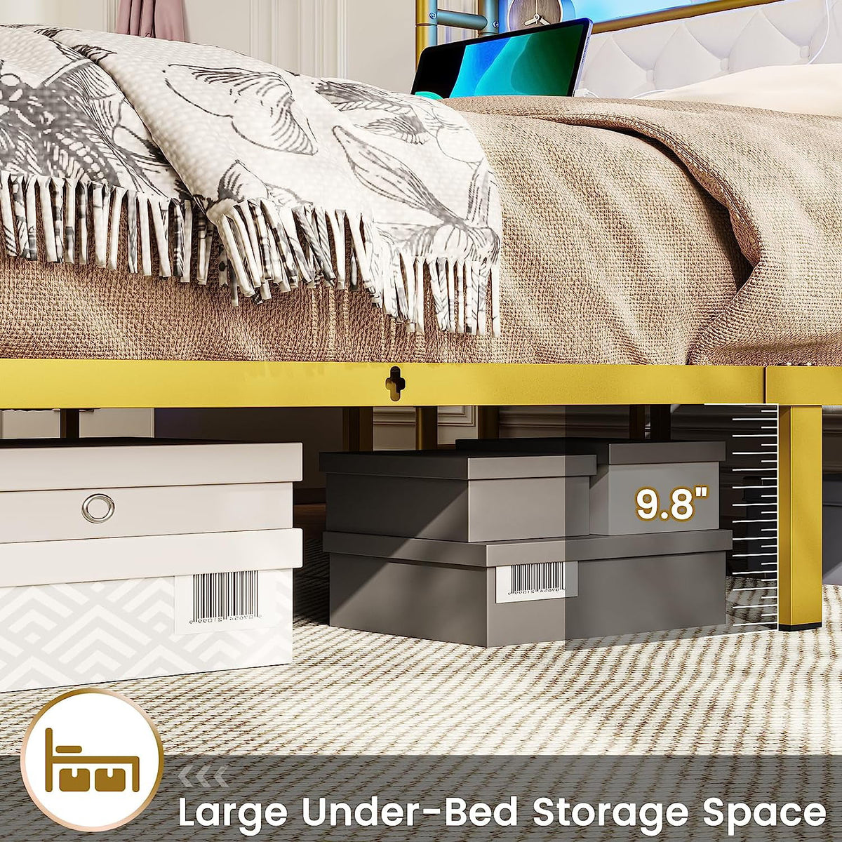 King LED Bed Frame with Power Outlets USB Ports Storage Headboard W6907