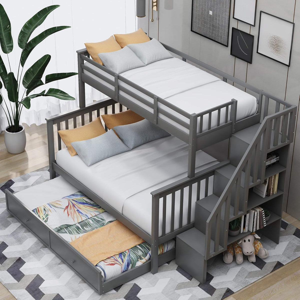 Twin Over Full Bunk Bed with 4 Storage and Staircase U41747