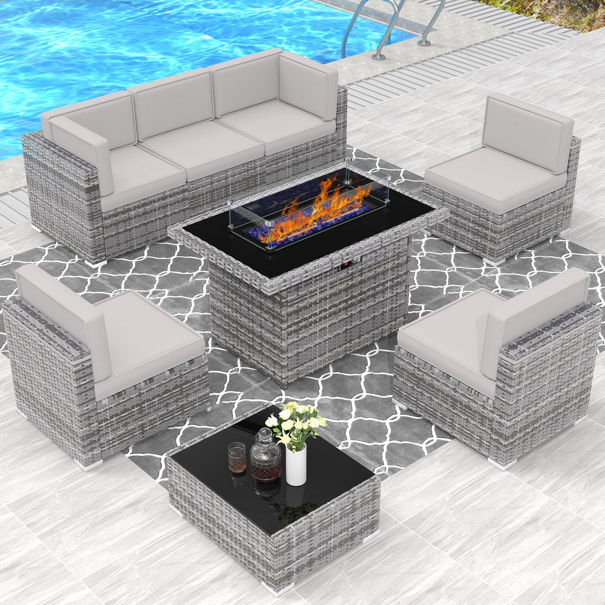 8 Piece Wicker Patio Furniture Set with Fire Pit Table N56463