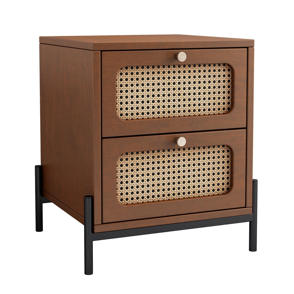 Walnut Rattan Wood 2-Drawer Side Table M582596