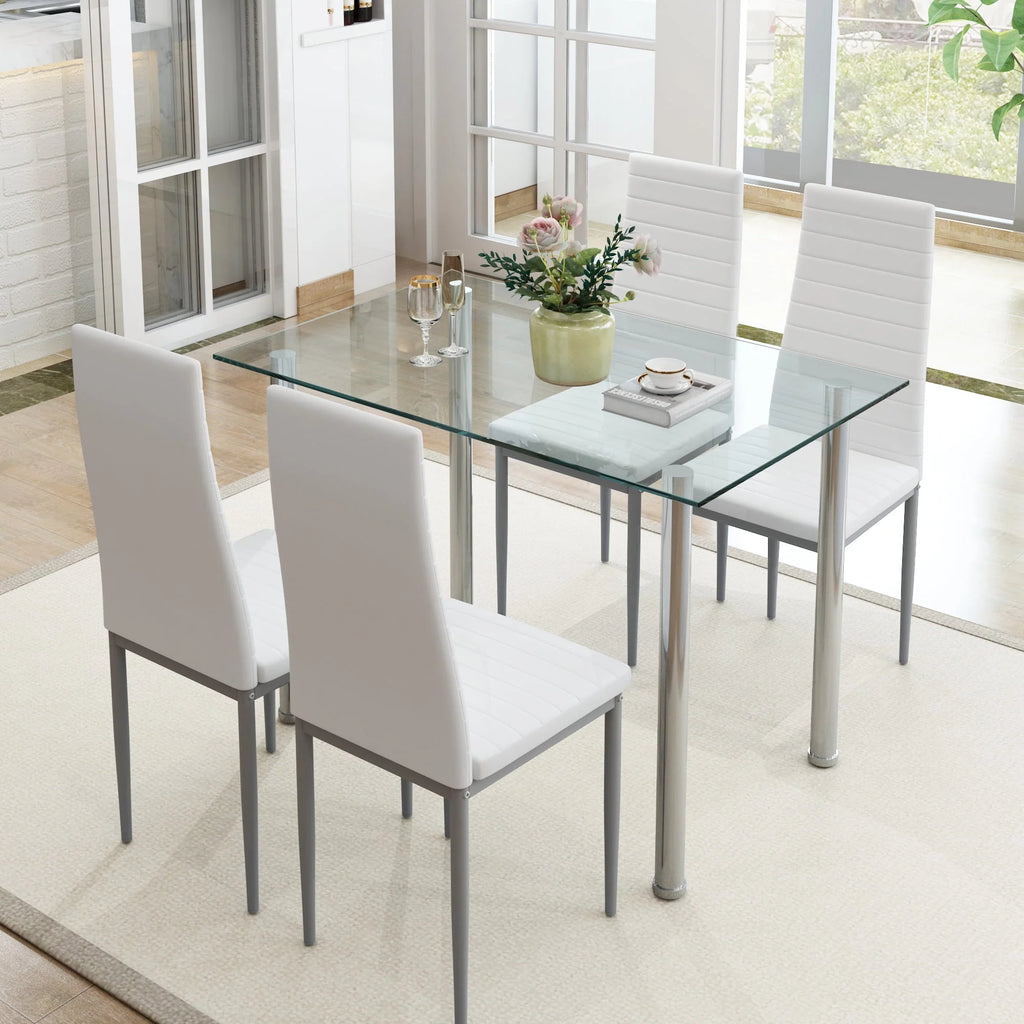 White 5 Pieces Tempered Glass Dining Table Set with 4 Chairs G842606