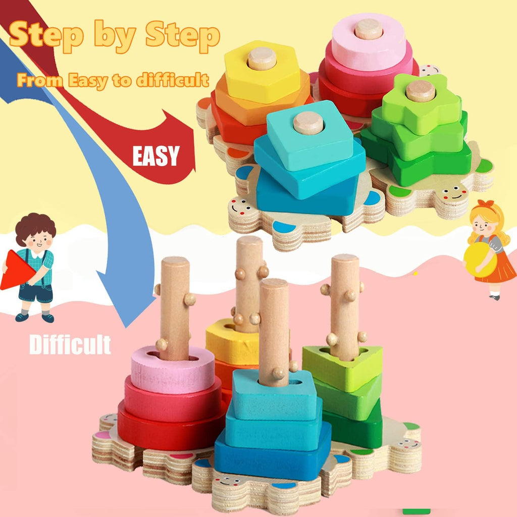 Wooden Shape Sorter and Stacking Toys, 8PCS Toddler Montessori Geometric Block Puzzle I5018