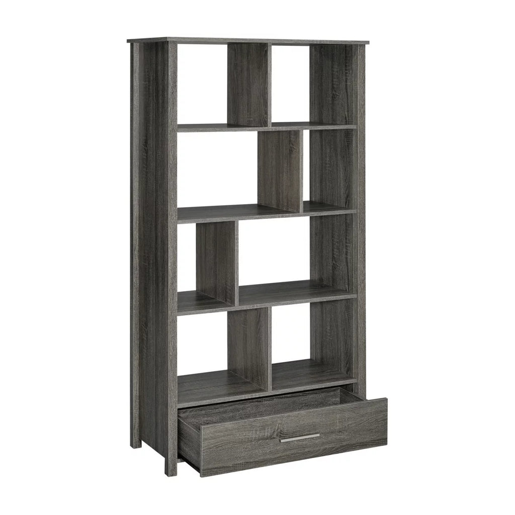 68 Inch Geometric Bookcase with 8 Shelves Weathered Gray I4159