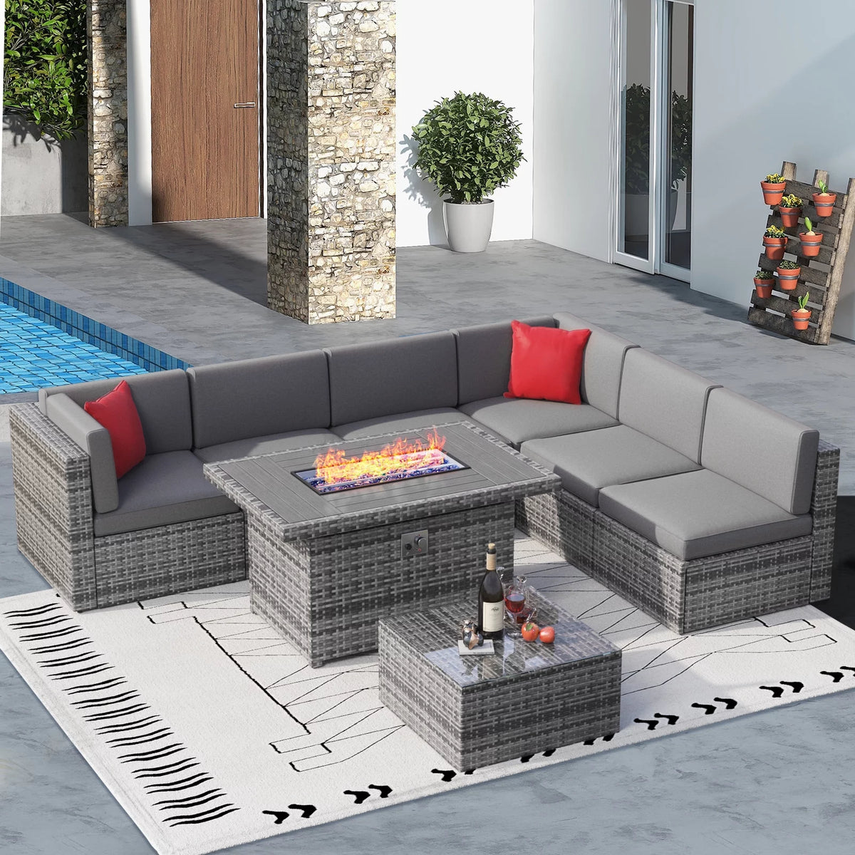 8 Pcs Patio Furniture Set with Fire Pit Table V6345