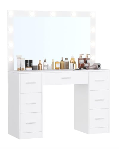 White Vanity Table with Lighted Mirror and Drawers O390159