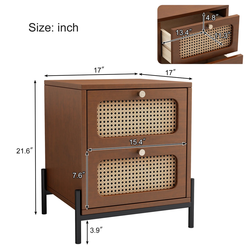 Walnut Rattan Wood 2-Drawer Side Table M582596