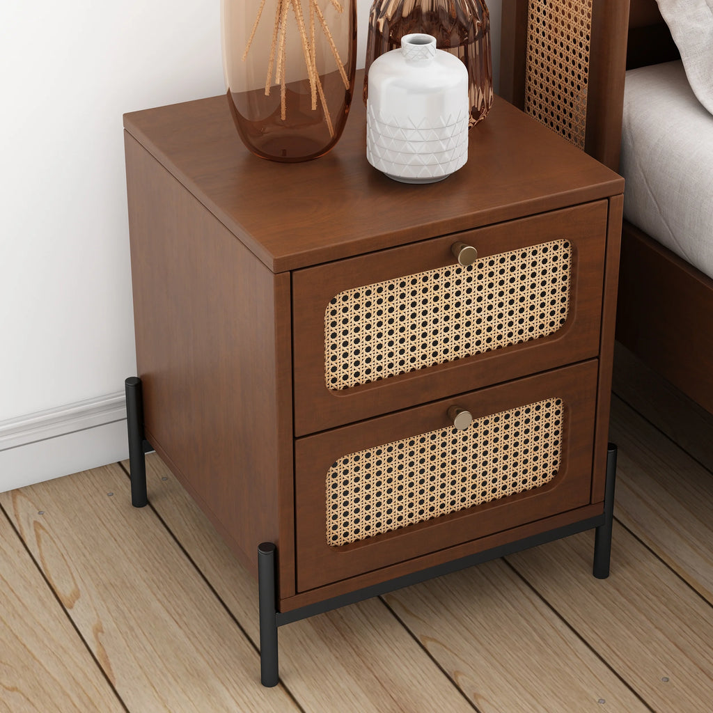 Walnut Rattan Wood 2-Drawer Side Table M582596