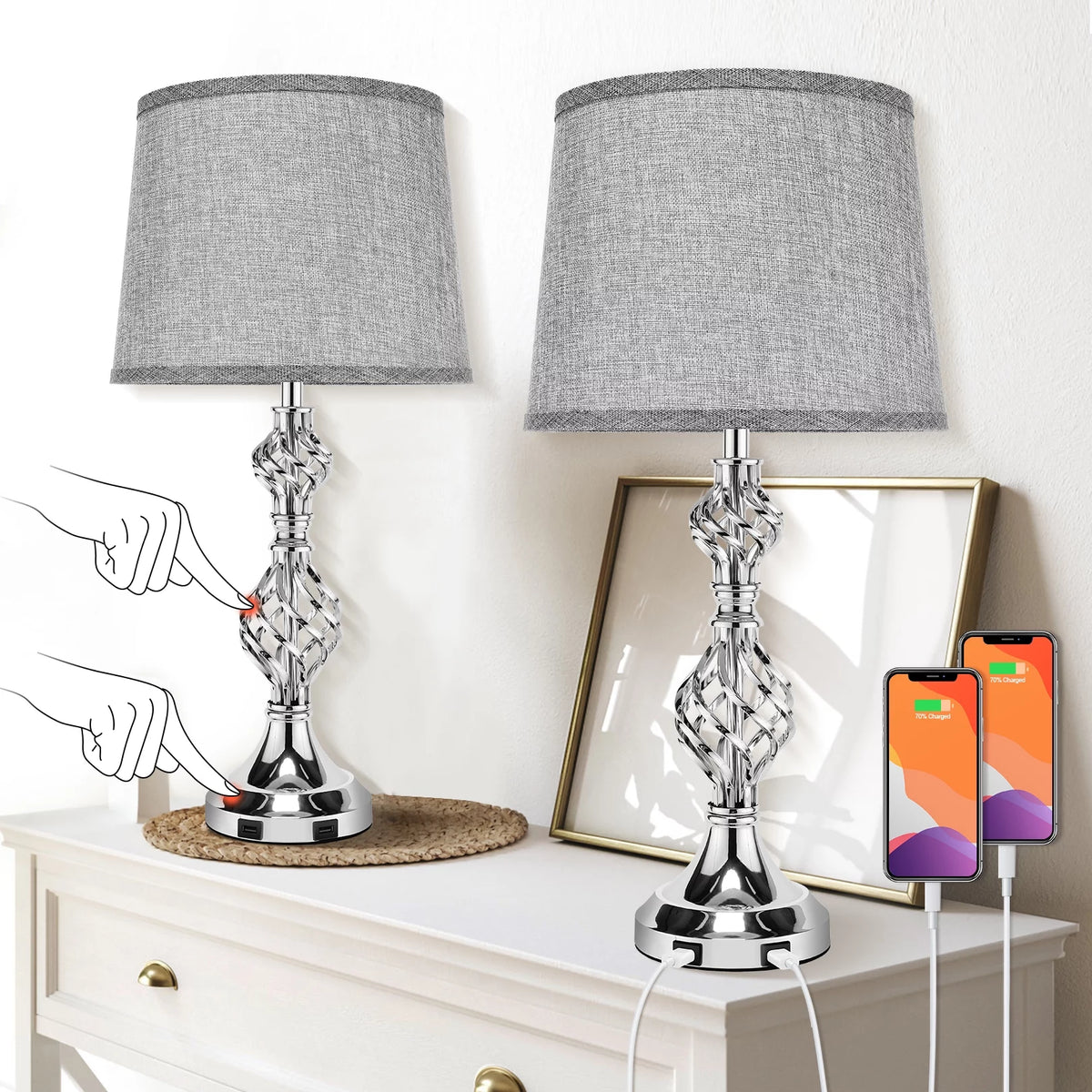 Gray Set of 2 Touch Control Dimmable Table Lamps Q532511