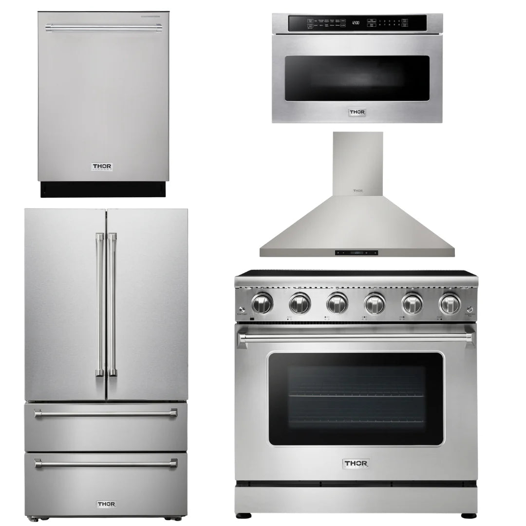36 Electric Range, Range Hood, Microwave, Refrigerator, Dishwasher F52136