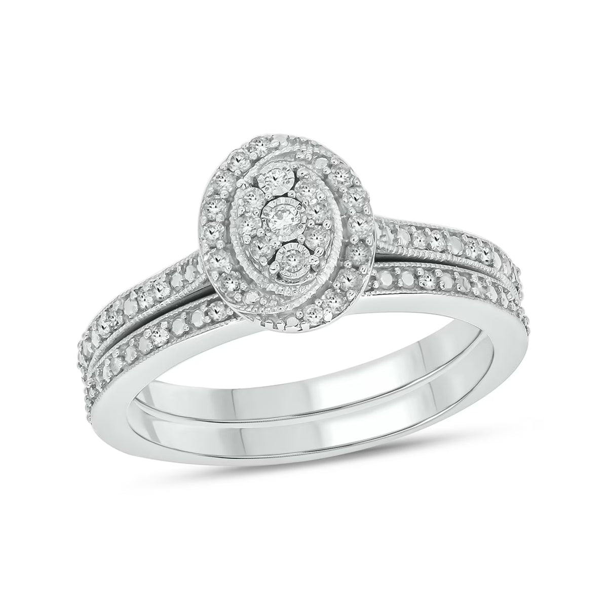 925 Sterling Silver Oval Diamond Engagement Ring and Wedding Band Set X73124