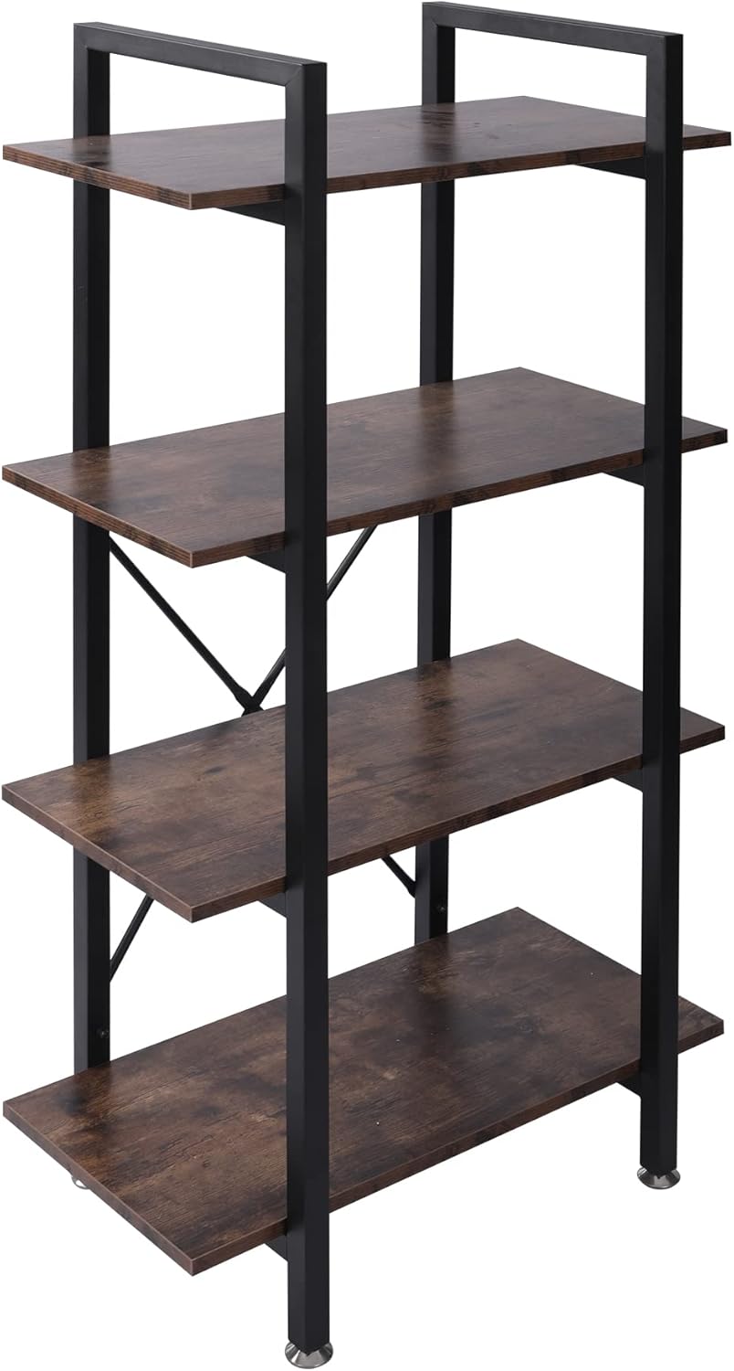 Industrial Bookshelf, 4 Tier Open Shelf Bookcase, Rustic Brown Q259