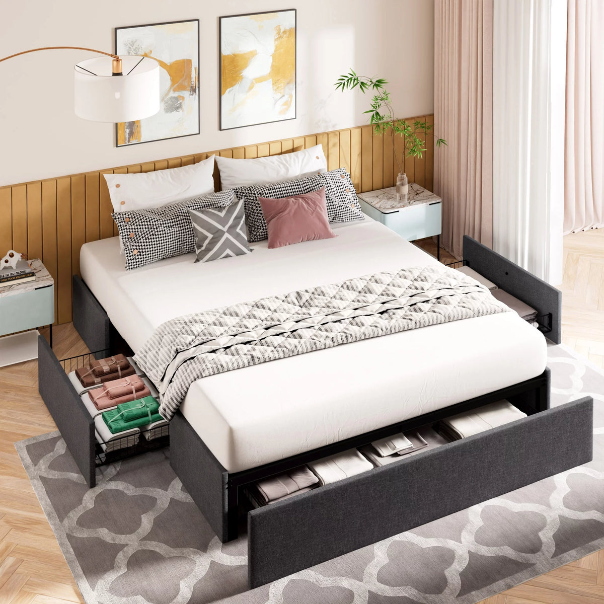 Queen Size Upholstered Platform Bed Frame with 3 Storage Drawers E799558