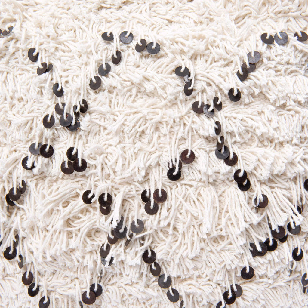White Moroccan Wedding Quilt Pouf with Fringe & Sequins N430