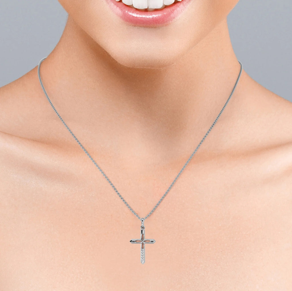 4-Petal Pencil Diamond Mini-Pave Pendant Necklace in 18K White Gold Plating over Silver E563742