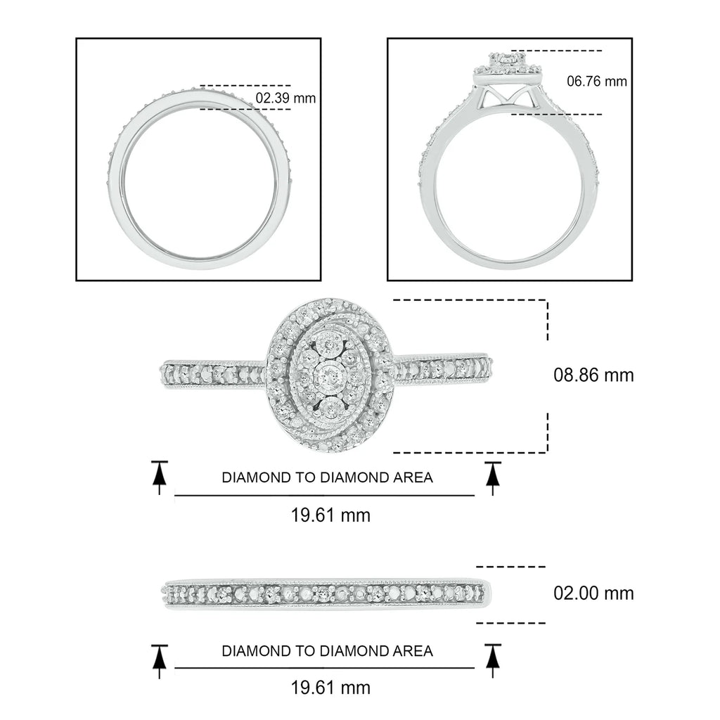 925 Sterling Silver Oval Diamond Engagement Ring and Wedding Band Set X73124