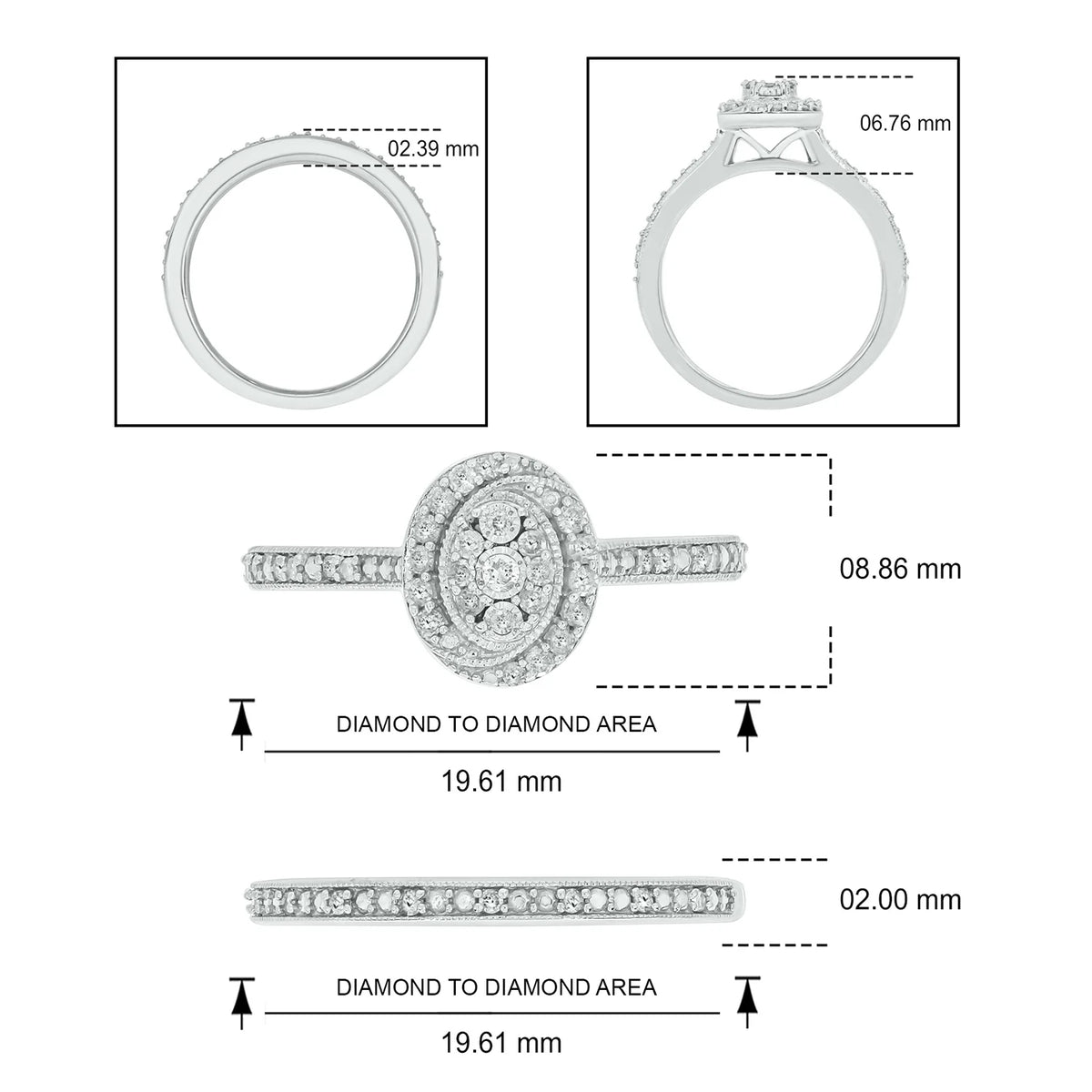 925 Sterling Silver Oval Diamond Engagement Ring and Wedding Band Set X73124