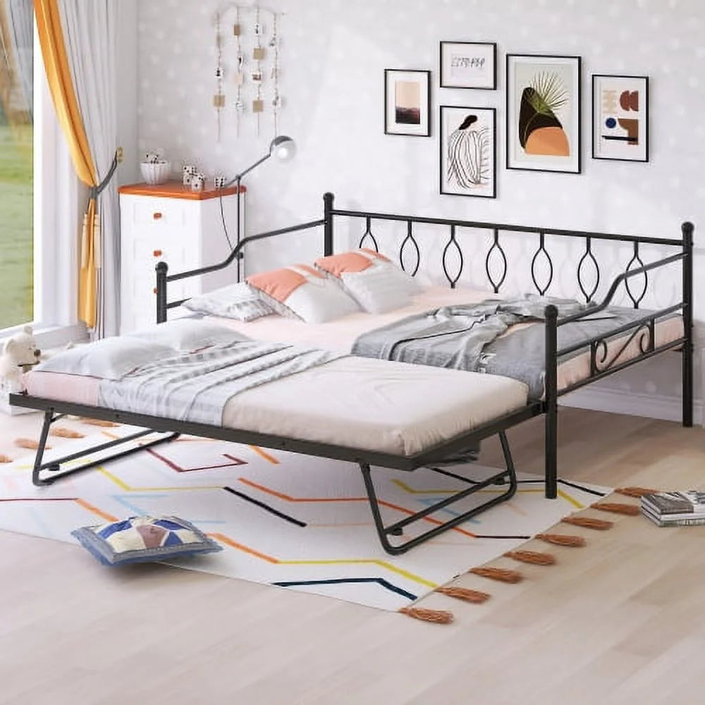 Black Full Size Metal Daybed with Twin Size Adjustable Trundle M252009