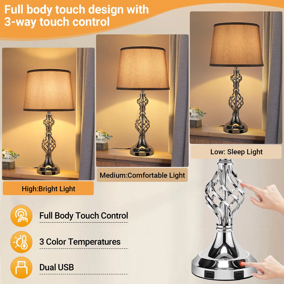 Gray Set of 2 Touch Control Dimmable Table Lamps Q532511
