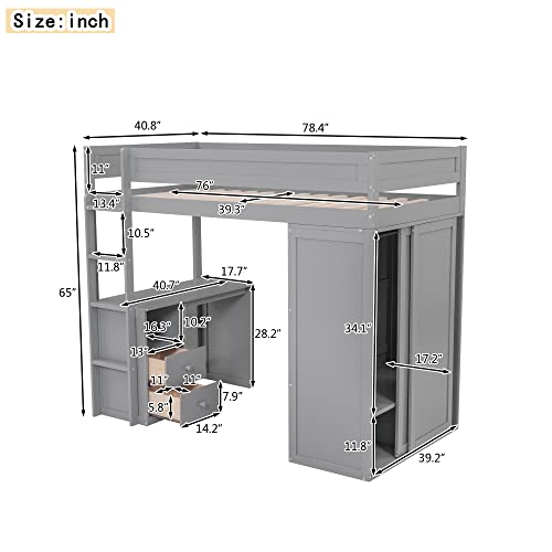 Full Size Wood Loft Bed with Desk Wardrobe Drawers Cabinet Grey T2449