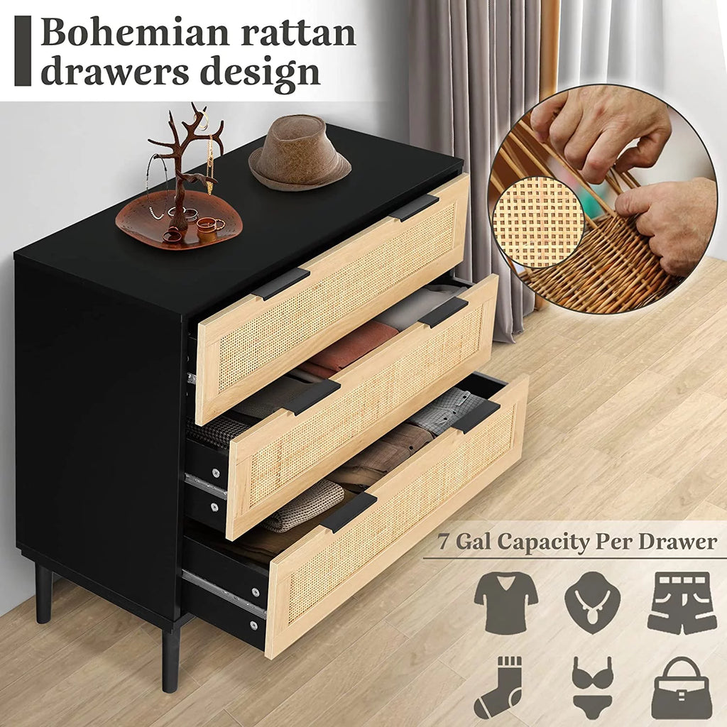 Black 3 Drawer Wood Rattan Dresser N595428