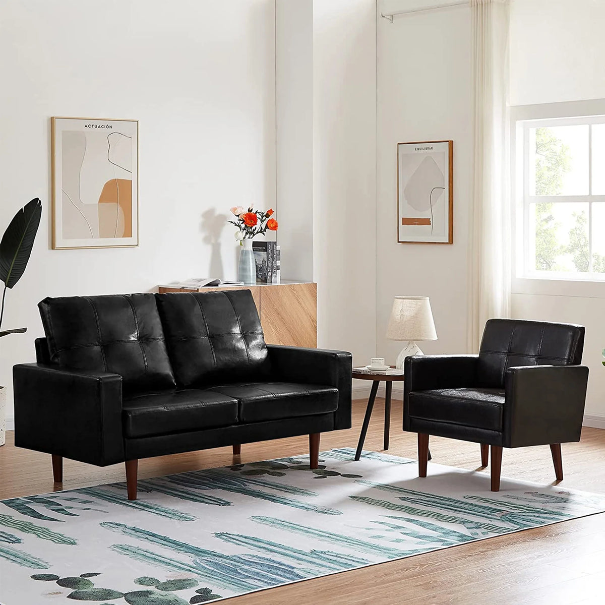 Pu Leather Loveseat with High-Density Foam Cushion and Solid Wood Legs J285