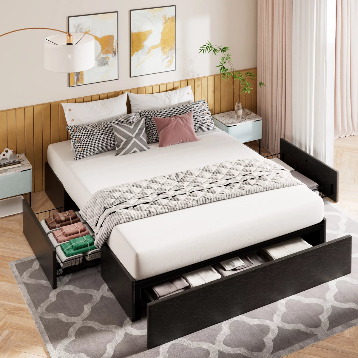 Queen Size Upholstered Platform Bed Frame with 3 Storage Drawers E799558