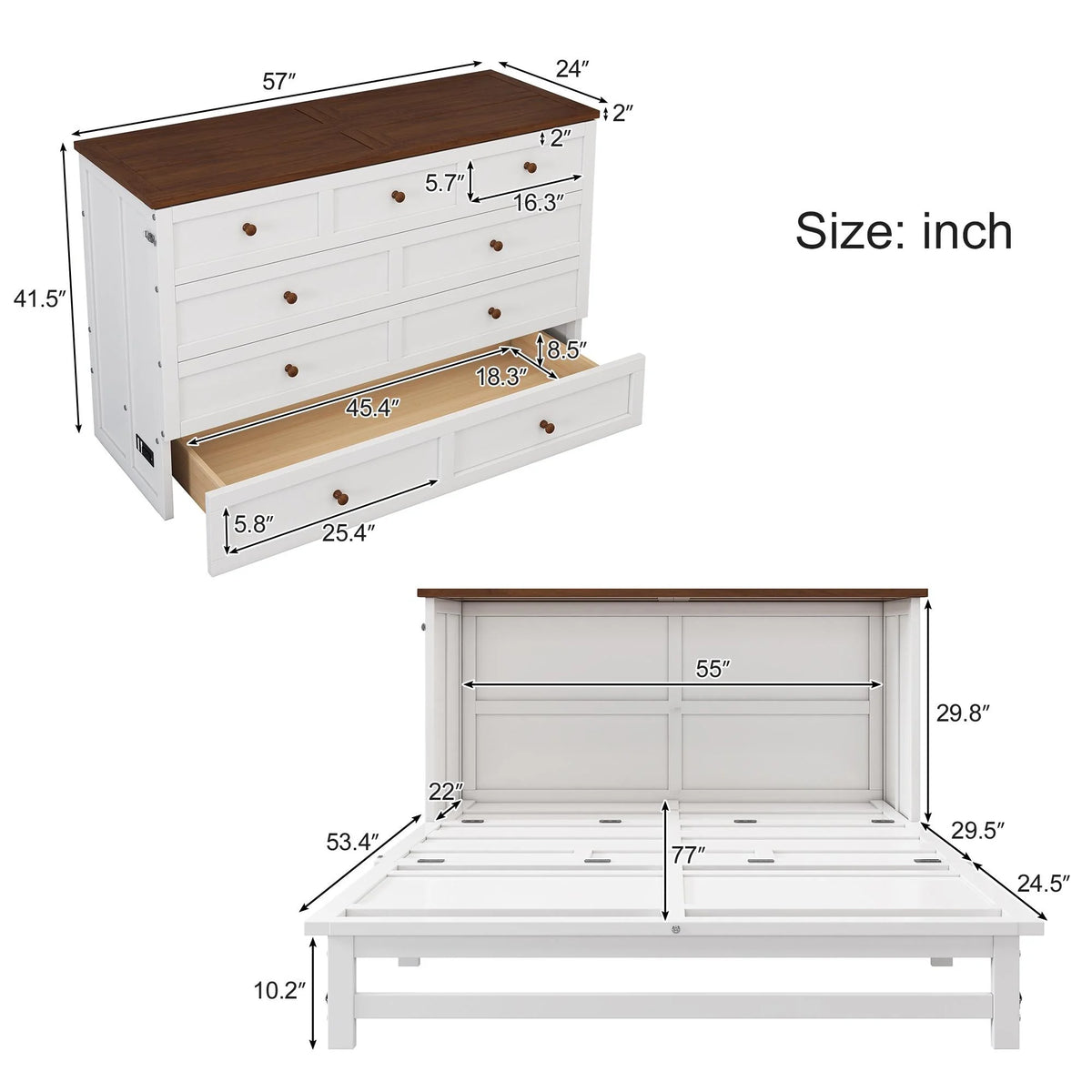 Queen Size Murphy Bed with Storage Drawer and Charging Station A2709