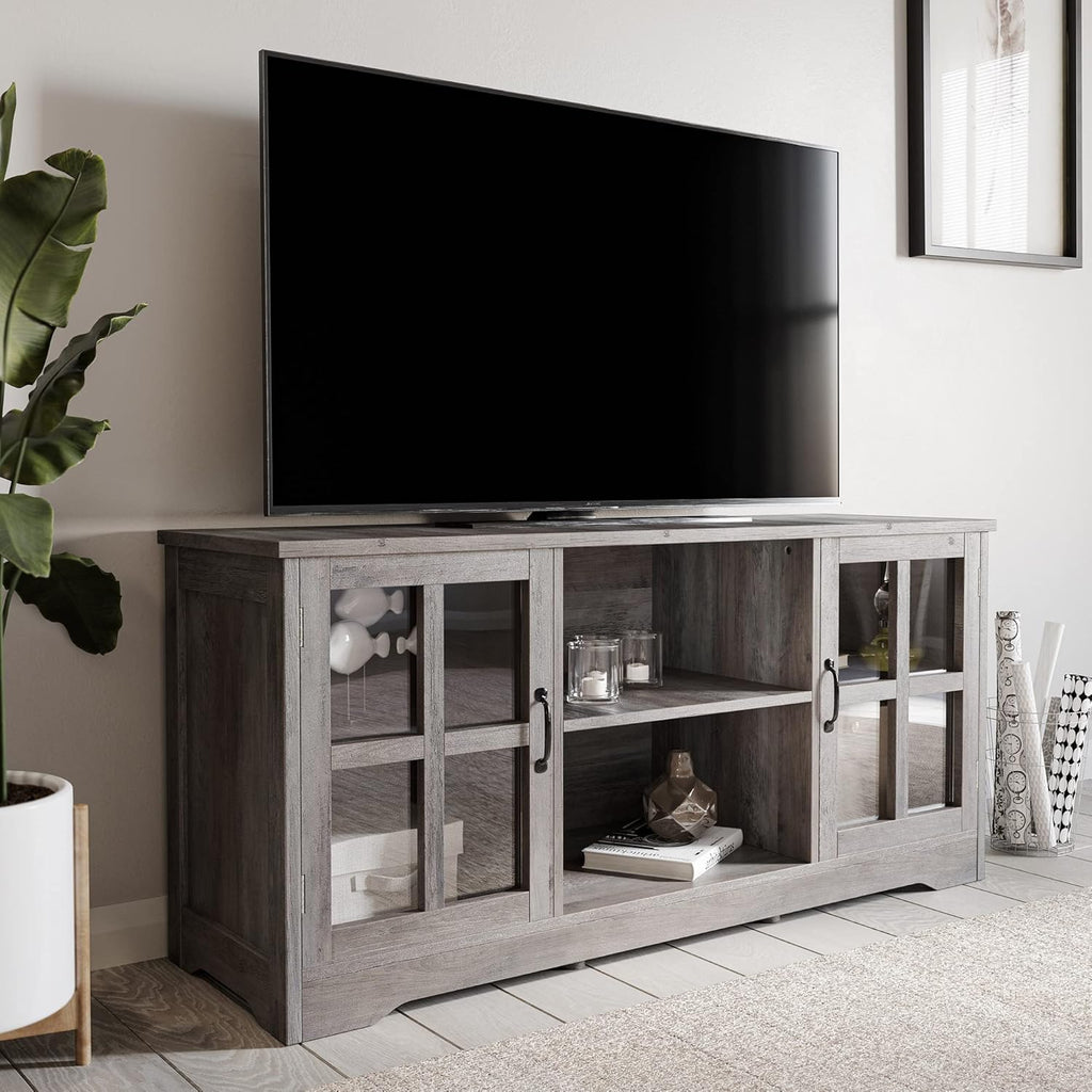 Gray Wash TV Stand with Wood Glass Storage Cabinets O523284