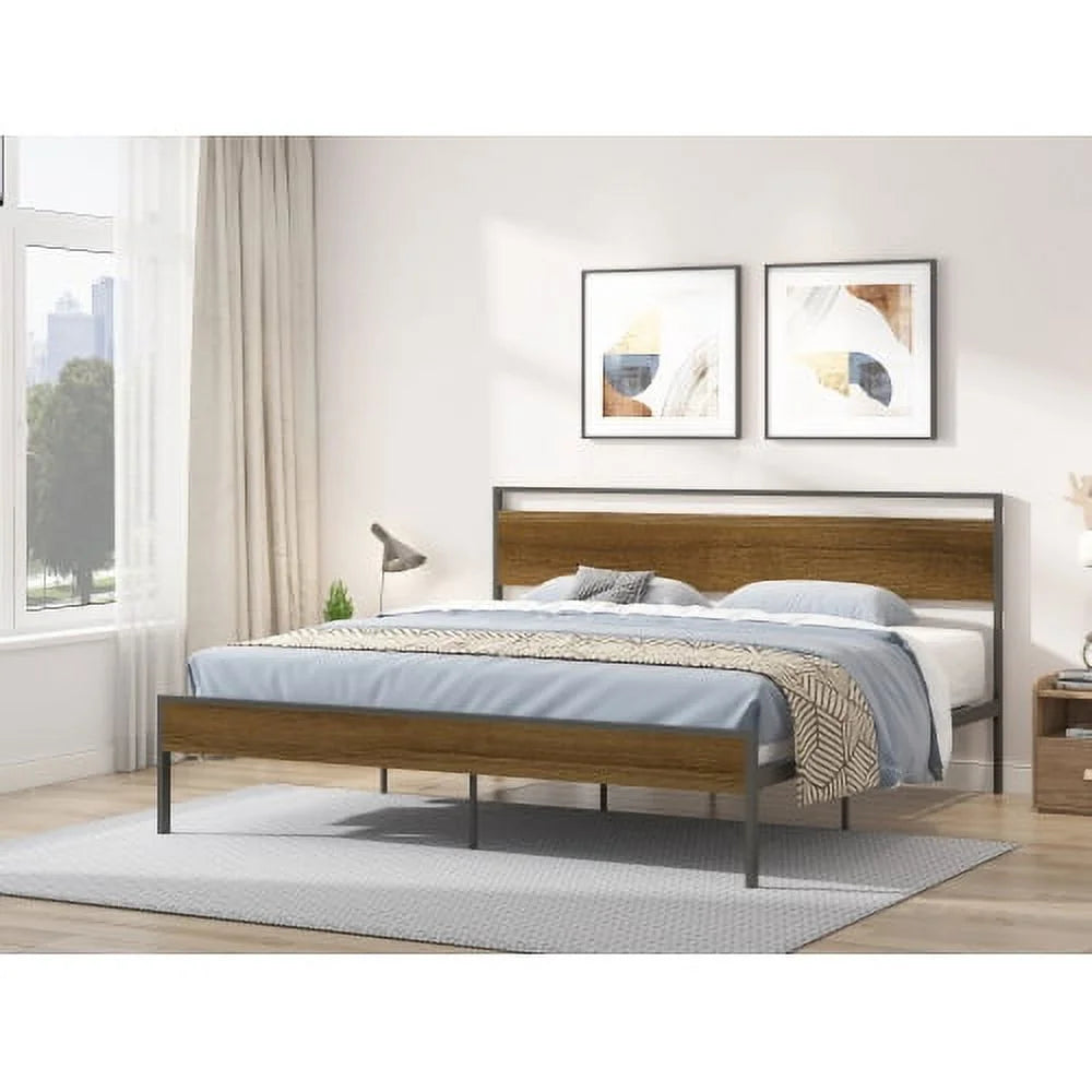 Black King Metal Bed with Wood Headboard and Footboard Y106