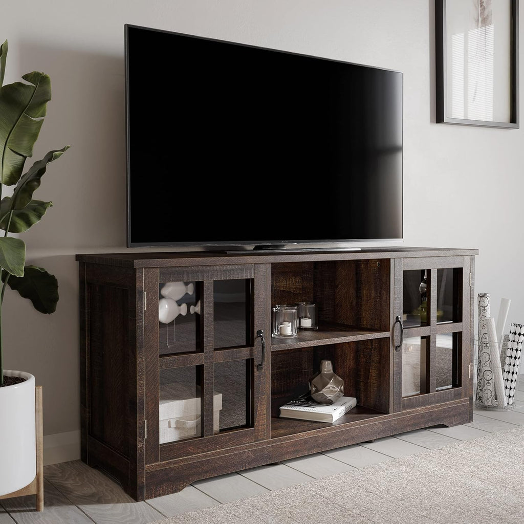 Gray Wash TV Stand with Wood Glass Storage Cabinets O523284
