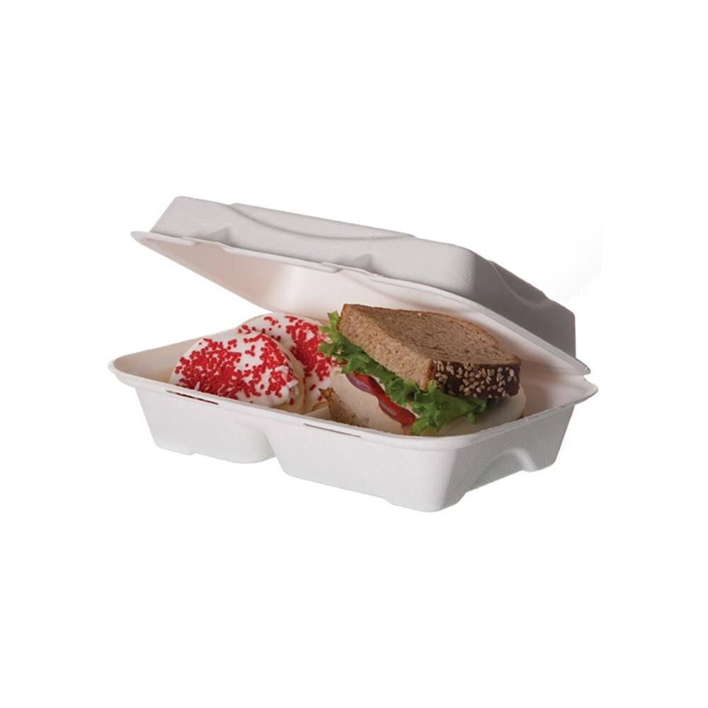 2-Compartment Hinged Sugarcane Clamshell P1748