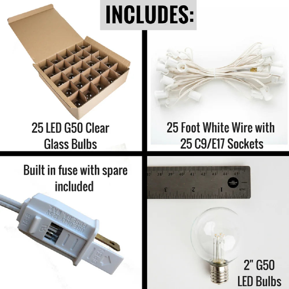 25 Foot White LED String Lights with 2 Inch Globe Bulbs C846