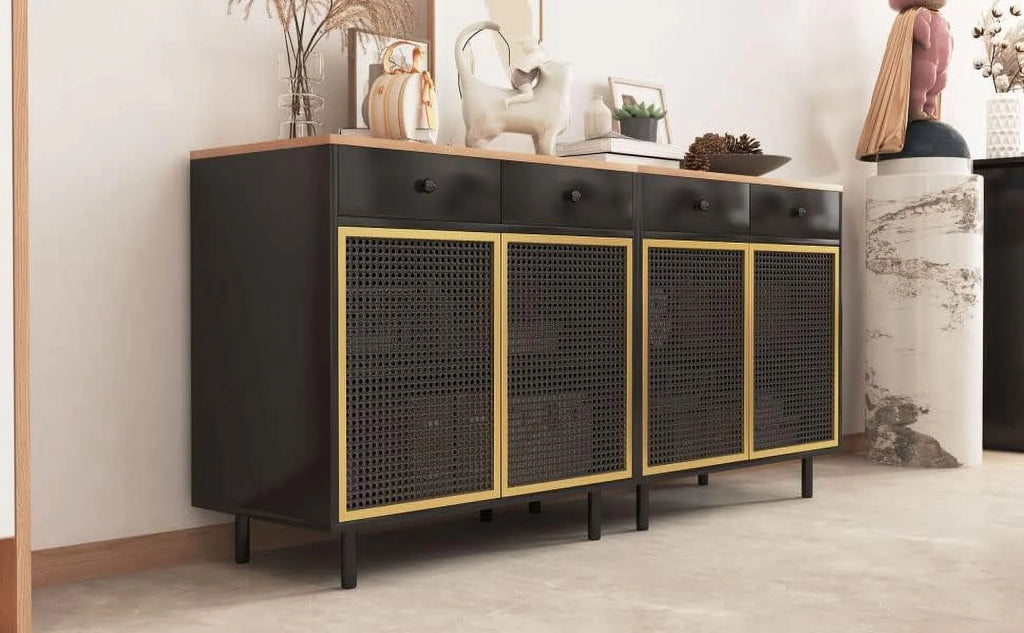 Modern Iron Rattan Buffet Sideboard Cabinet Set of 2 R754