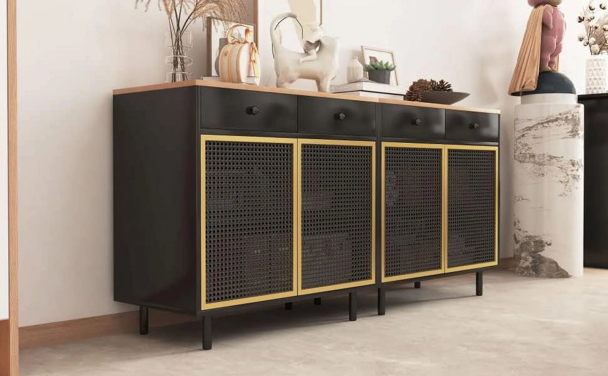 Modern Iron Rattan Buffet Sideboard Cabinet Set of 2 R754