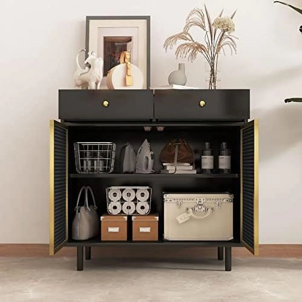 Modern Iron Rattan Buffet Sideboard Cabinet Set of 2 R754