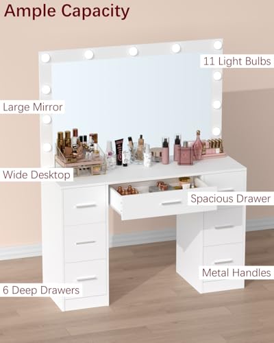 White Vanity Table with Lighted Mirror and Drawers O390159