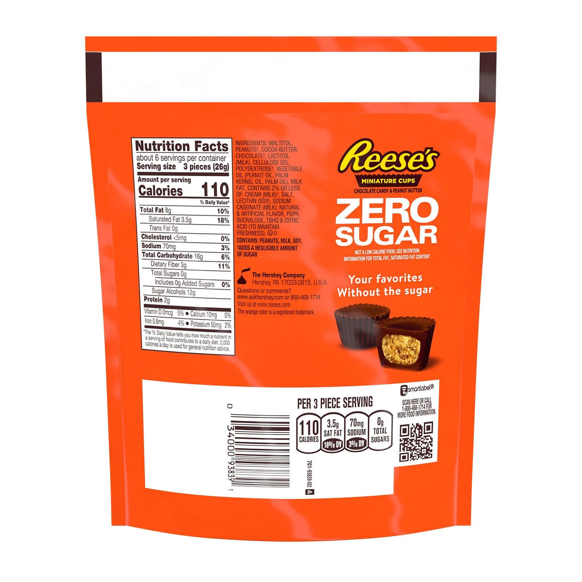 Zero Sugar Peanut Butter Cups Candy, Bag 5.1 oz K478