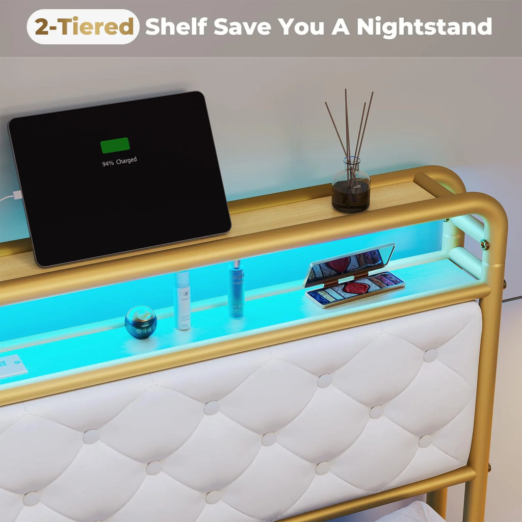 King LED Bed Frame with Power Outlets USB Ports Storage Headboard W6907