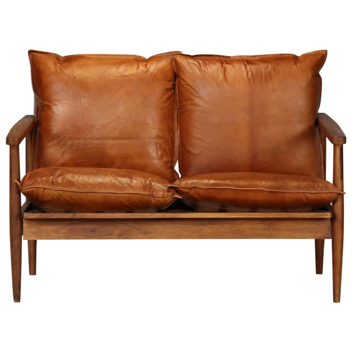 2-Seater Sofa Real Leather Acacia Wood Brown M296325