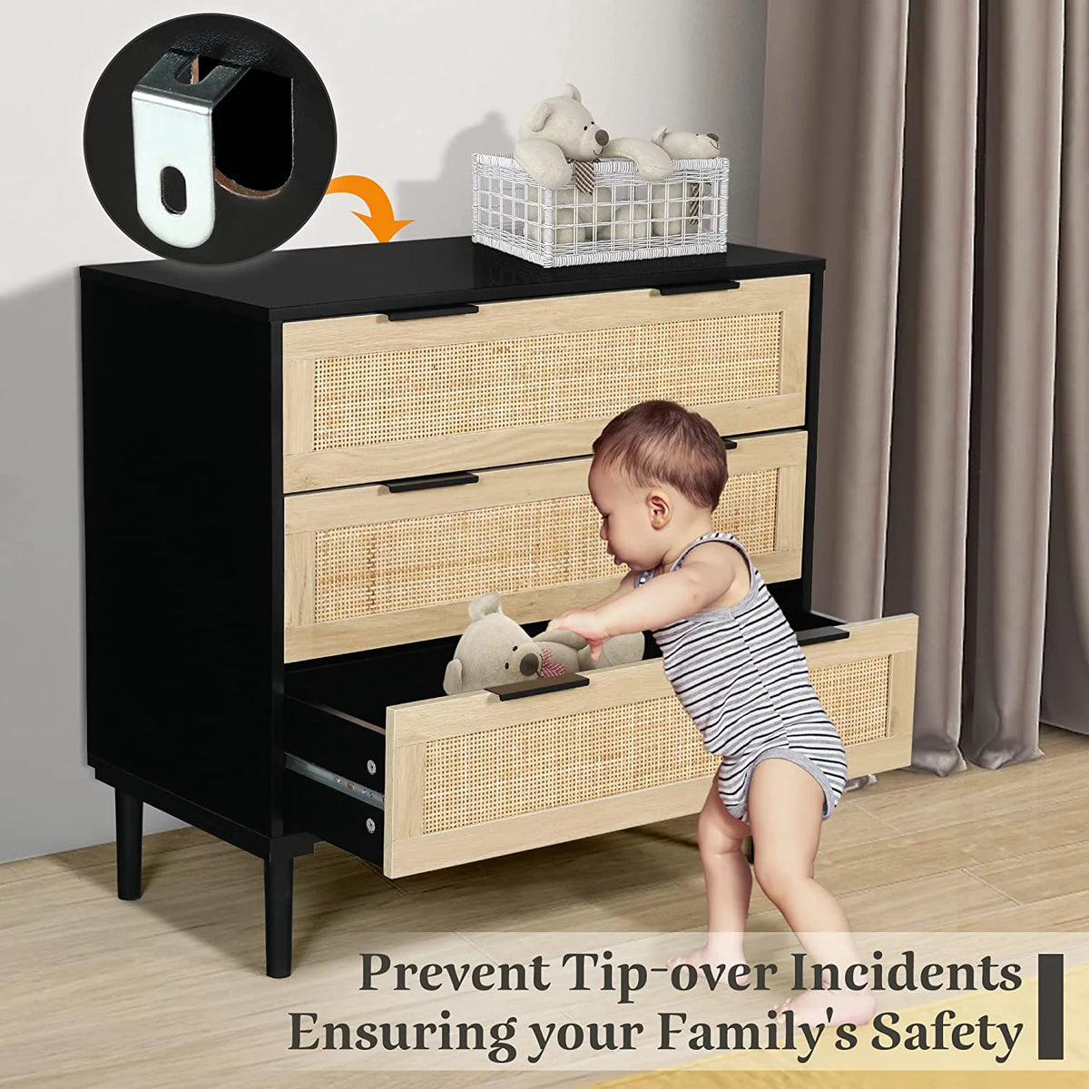 Black 3 Drawer Wood Rattan Dresser N595428