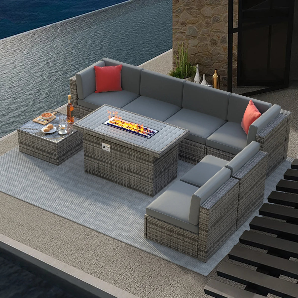 8 Pcs Patio Furniture Set with Fire Pit Table V6345