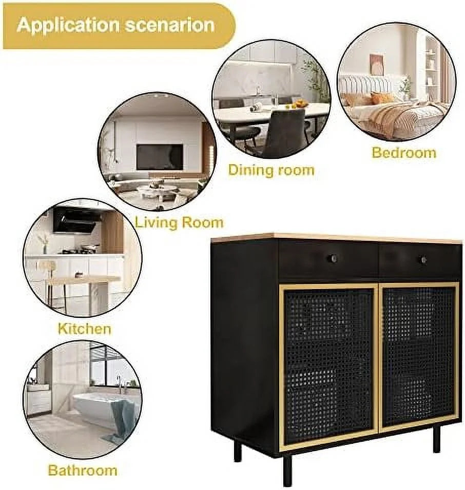 Modern Iron Rattan Buffet Sideboard Cabinet Set of 2 R754