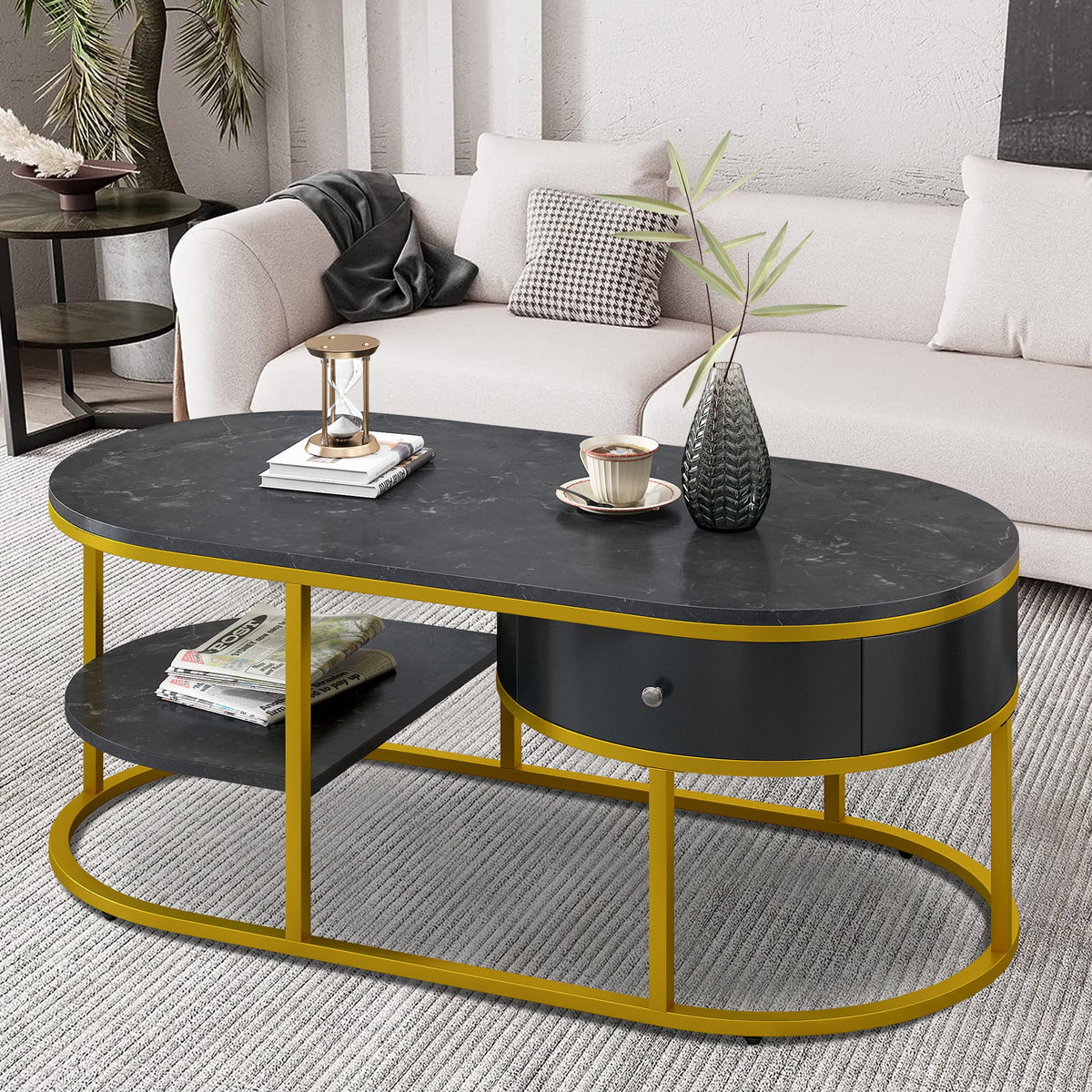 Black Marble Coffee Table with Storage M742