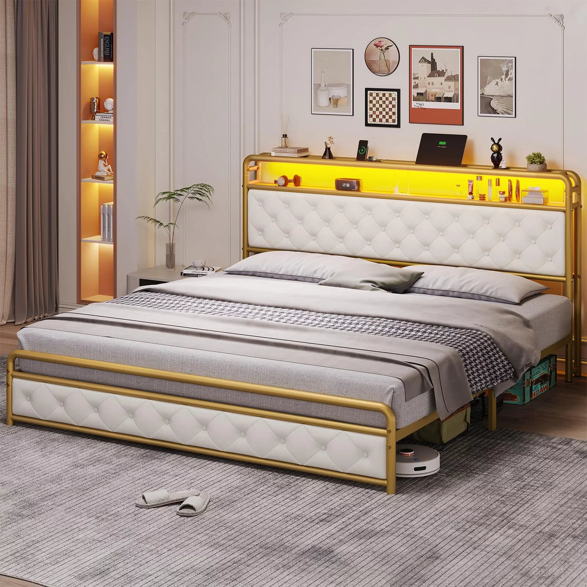 King LED Bed Frame with Power Outlets USB Ports Storage Headboard W6907
