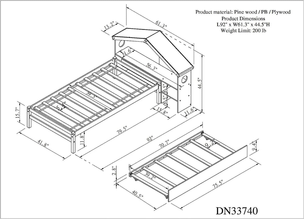 White Platform Bed with Trundle and Bookcase Headboard N488