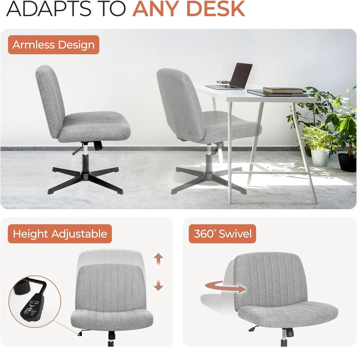 Cross Legged Fabric Padded Swivel Height Adjustable Wide Seat Office Chair P487326