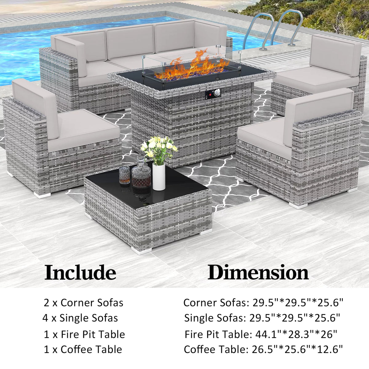 8 Piece Wicker Patio Furniture Set with Fire Pit Table N56463