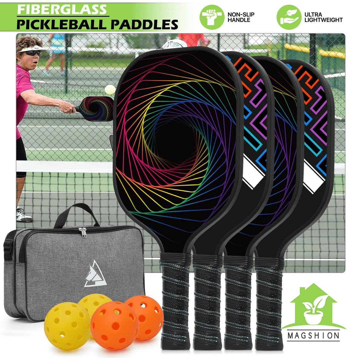 Carbon Fiber Pickleball Rackets Set of 4 with Carry Bag O62316