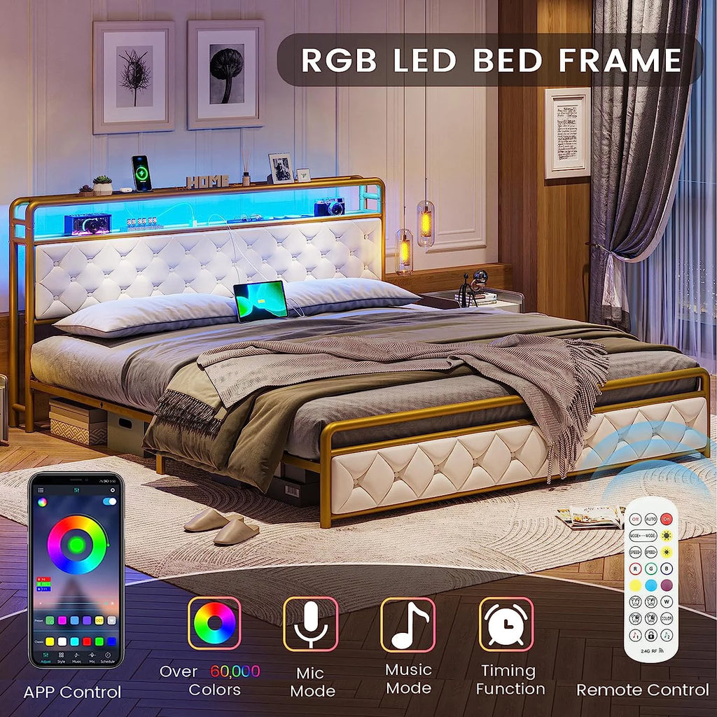 King LED Bed Frame with Power Outlets USB Ports Storage Headboard W6907