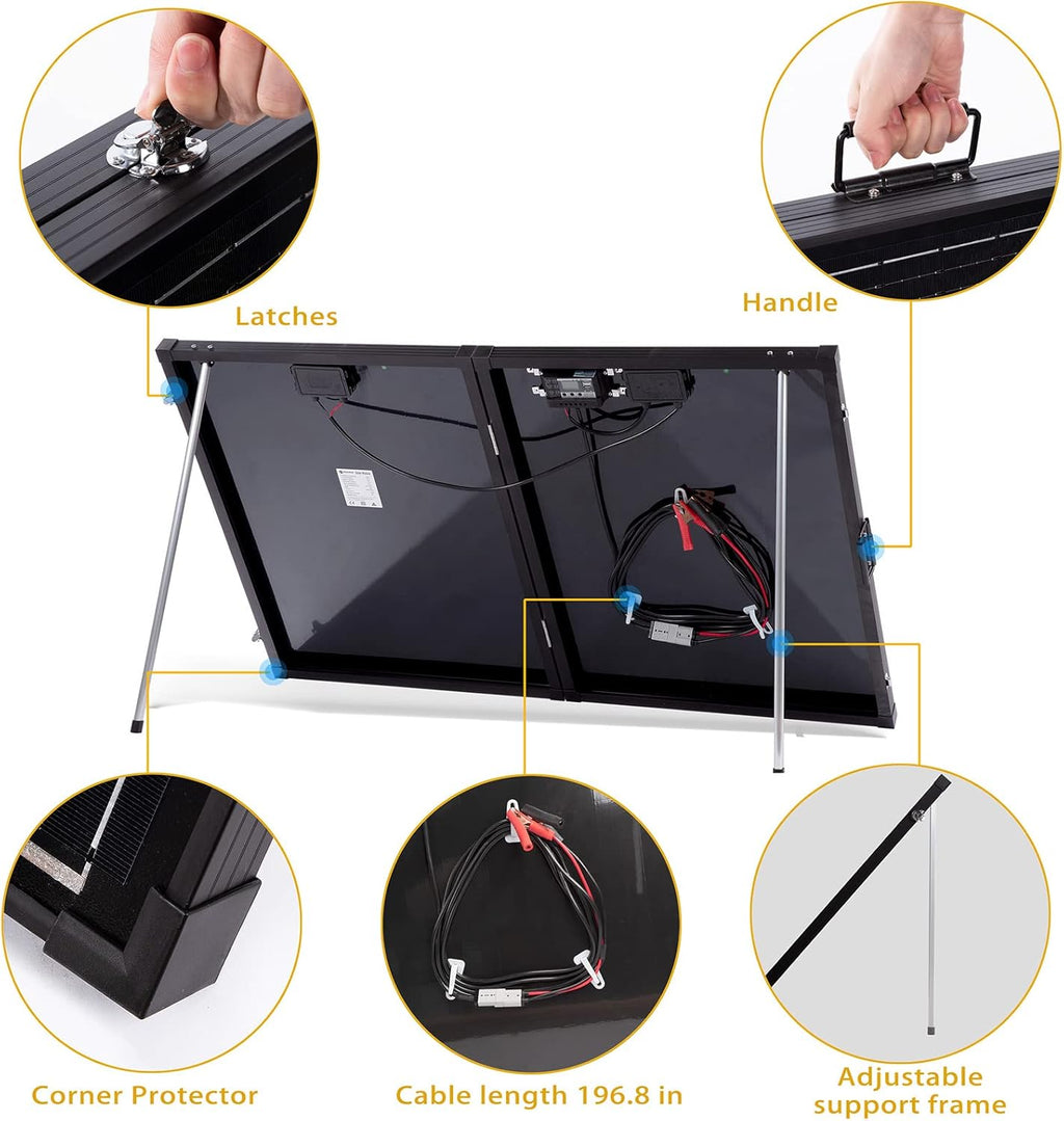 200 Watt 12 Volt Monocrystalline Portable Foldable Solar Panel Suitcase with Waterproof 30A Charger Controller B92842